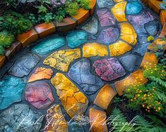 a garden path made out of rocks and stones with colorful paint on it's sides