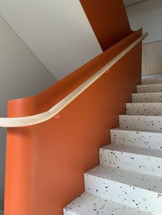 Steel sheet balustrade with ash handrail. It was made in a building in Varșovia Street / Bucharest 2021  Note the curving hand of curved wood and curved sheet on the return areas to the landings and the elegance of the balustrade line on the height of the four levels. Plywood Railing, Fire Staircase, Interesting Stairs, Handrails Design, L Shaped Stairs, Commercial Stairs, Lobby Designs, Ramp Stairs, Steel Balustrade