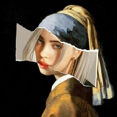 a painting of a girl with a pearled ear and torn paper covering her face