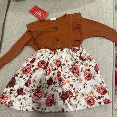 Baby Girl Fall Dress. New With Tags. 6-9 Months. Copper And Floral Cute Playtime Dresses For Fall, Cute Dresses For Playtime In Fall, Cute Brown Cotton Dress, Girls Fall Dresses, Fall Dress, 9th Month, Girl Falling, Fall Dresses