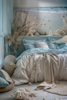 an ocean themed bedroom with sea shells on the floor