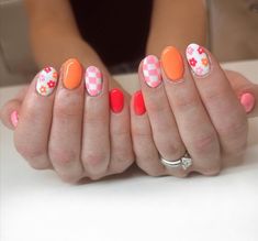 Fun Summer Nails Design 2024, Orange Floral Nails, Preppy Nails, Boho Nails, Gel X Nails, August Nails, Cute Simple Nails, Simple Gel Nails