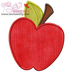 an apple applique is shown in red and green fabric with a leaf on top