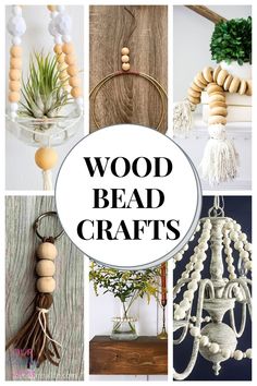 the words wood bead crafts are shown above pictures of wooden beads and other items