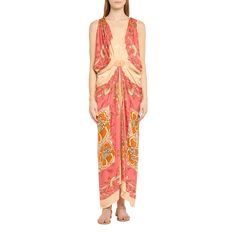 Verandah hand-draped floral-print maxi dress V neckline  Sleeveless Full length Slipover style  Bemberg® cupro Imported Flowy Silk Pre-draped Maxi Dress, Summer Silk Draped Maxi Dress, Printed Bohemian Maxi Dress For Evening, Sleeveless Silk Dress With Floral Print, Bohemian Printed Maxi Dress For Evening, Printed Sleeveless Maxi Dress For Evening, Sleeveless Silk Printed Midi Dress, Sleeveless Silk Midi Dress With Print, Sleeveless Floral Maxi Dress In Viscose