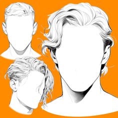 three different angles of a man's head with hair blowing in the wind, and an orange background