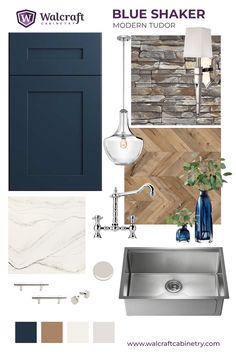 the blue shaker kitchen color scheme is shown with white and brown accents, including a sink