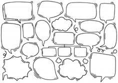 a set of speech bubbles with different shapes and sizes, hand drawn in black ink