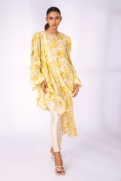 Naida – Sania Maskatiya International Elegant Yellow Sets With Printed Motifs, Yellow Georgette Dress With Printed Motifs, Yellow Printed Georgette Dresses, Yellow Digital Print Dress For Eid, Eid Yellow Dress With Digital Print, Eid Yellow Digital Print Dress, Elegant Yellow Dress With Printed Motifs, Yellow Floral Print Kurta For Wedding, Yellow Silk Dupatta With Floral Print