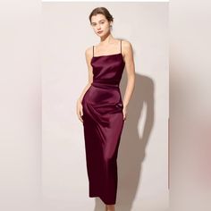 Maxi Slip On Back Dark Red Stain Red Spaghetti Strap Evening Dress For Night Out, Red Satin Midi Dress For Formal Occasions, Red Maxi Dress With Spaghetti Straps For Evening, Red Spaghetti Strap Maxi Evening Dress, Red Spaghetti Strap Maxi Dress For Evening, Chic Burgundy Dress For Dinner, Elegant Red Sheath Maxi Dress, Elegant Burgundy Maxi Dress For Party, Fitted Burgundy Satin Dress