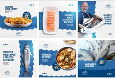 four different web pages with fish and seafood on the front, one in blue and white