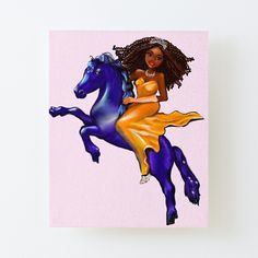 a painting of a woman riding a blue horse