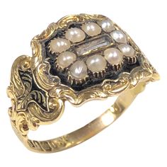 Circa 1827 18K Yellow Gold Memorial, Memento Ring, measuring 5/8 X 1/2 inch across the top, set with Pearls and having a a tiny bit of hair set under Glass in the center of the ring top, further finished in Black enamel. Engraved with Names and dates. Finger size 9 1/2 and in excellent, near unworn condition considering its age. Luxury Vintage Commemoration Rings, Victorian Enamel Ring For Anniversary, Antique Engraved Ring With Decorative Band, Antique Gold Signet Ring With Rose Cut Diamonds, Antique Yellow Gold Enamel Ring, Antique Yellow Gold 14k Pearl Ring, Victorian Gold Engraved Ring, Victorian Engraved Yellow Gold Ring For Ceremonial Occasion, Victorian Yellow Gold Enamel Ring For Anniversary