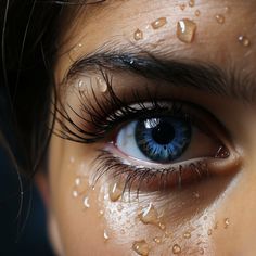 a woman's blue eye with drops of water on it