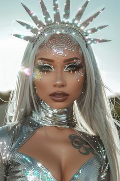 Silver Alien Costume Makeup, Astronaut Halloween Makeup, Halloween Costumes Women Alien, Silver Costume Halloween, Silver Hair Halloween Costume, Alien Rave Makeup, Alien Diy Costume Women, Out Of This World Makeup, Rhinestone Cowgirl Makeup