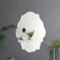 there is a mirror hanging on the wall next to a vase with plants in it