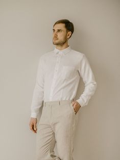 "Every men's linen wedding shirt is handmade using the body measurements of the individual customer.  No factory use.  Every creative and sewing task is fairly rewarded. After order I will email you about body measurements we will need and how to take them correctly. It will be very simple steps. Color in the picture- snow white. Other colors are available. DESCRIPTION: -Slim/regular fit -Long sleeves -All button down -Classic collar -Handcrafted Material: 100 % softened Lithuanian linen, medium Fitted Shirt With Spread Collar For Wedding, White Long Sleeve Dress Shirt For Wedding, Classic Long Sleeve Shirt For Wedding, Fitted White Dress Shirt For Wedding, White Fitted Dress Shirt For Wedding, Fitted Linen Shirt For Semi-formal Occasions, Fitted Cotton Shirt For Wedding, Linen White Shirt Men, Formal White Linen Shirt