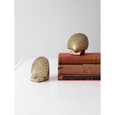 two books are stacked on top of each other and one is shaped like a shell