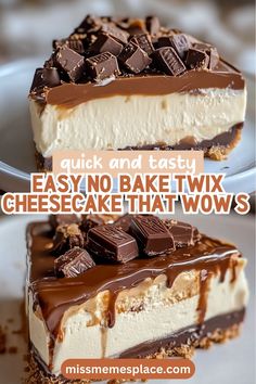 two slices of cheesecake on a plate with the words quick and easy, easy no bake twix cheesecake that wows