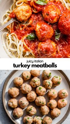 two plates filled with pasta and meatballs next to another plate full of chicken meatballs