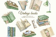 watercolor vintage books clipart set with coffee, teacup, book and other items