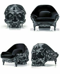 three different types of chairs with skulls on them, one in black and the other in white