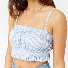 Ruffle Cropped Gathered Camisole Tank Top. Blue And White Stripes, Adjustable Straps. Never Worn, Has Inside Tags. Size: Small Summer Cotton Crop Top With Ruffled Straps, Spring Cotton Crop Top With Ruffled Straps, Casual Crop Top With Ruffled Straps, Casual Spring Crop Top With Ruffled Straps, Casual Crop Top With Ruffled Straps For Spring, Spring Ruffle Cami Crop Top, Spring Ruffled Cami Crop Top, Trendy Ruffled Crop Top Tank Top, Trendy Ruffled Crop Tank Top