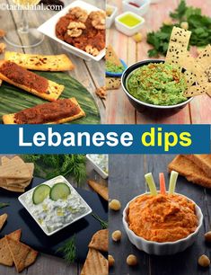 several different types of dips and crackers with the words lebanse dips