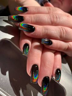 A look at our Galaxy Color Way Acrylic Full Set Black Holographic Nail Designs, Black Rainbow Cat Eye Nails, Sparkly Holographic Nails, Chrome Dip Nails Designs, Gel Full Set Nails, Black Holographic Nails, Easy Acrylic Nails, Dark Ombre Nails, Techno Nails