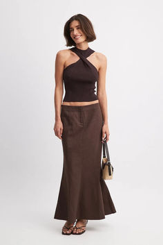 Low Waist Maxi Skirt Brown Skirt Maxi, Fitted Long Brown Skirt, Chic Fitted Brown Maxi Skirt, Brown Asymmetrical Maxi Skirt For Spring, Spring Brown Fitted Maxi Skirt, Fitted Asymmetrical Brown Skirt, Fitted Brown Asymmetrical Skirt, Brown Fitted Asymmetrical Skirt, Fitted Wide Leg Brown Maxi Skirt