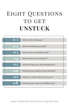 the eight questions to get unstucked info sheet with text overlaying