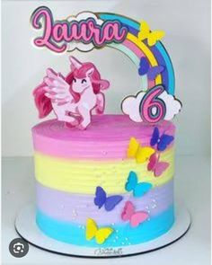 a birthday cake with a pink pony on top and butterflies around the base, in front of a white background