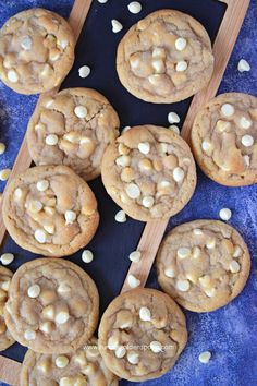 cookies with white chocolate chips on a blue background