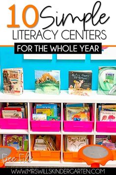 bookshelf with colorful bins and the words 10 simple library centers for the whole year