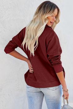 Wine Red Solid Color Zip Collar Sweatshirt with Pockets Red Crew Neck Sweater With Solid Color, Red Crew Neck Sweater Solid Color, Red Solid Color Crew Neck Sweater, Oversized Solid Red Tops, Oversized Red Solid Color Tops, Oversized Red Top, Red Long Sleeve Solid Color Top, Red Long Sleeve Plain Top, Red Plain Long Sleeve Tops