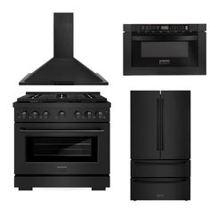 black kitchen appliances including stove, oven and range top with hood in the middle on a white background