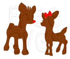 two brown reindeers with red bows on their heads, facing each other in opposite directions