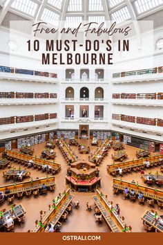 the inside of a library with lots of books on shelves and people sitting at tables