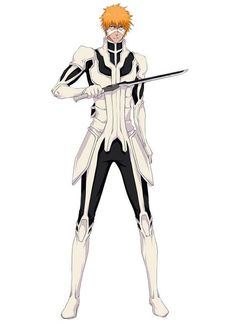 an anime character with orange hair and black pants, holding two swords in his hands