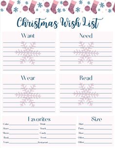 a christmas wish list with stockings and snowflakes on the bottom, in pink