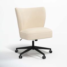 a white office chair with wheels on the back and seat upholstered to the side