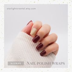 16 Double-Ended Strips Deep Burgundy Red Gold Glitter Nail Polish Wraps, Dark Red Nail Polish Strips w/ Gold Accent, Wine Red Sparkly Gold Glitter Nail Art Decals, Nail Stickers Made from real nail polish, these high quality, toxic-free and eco-friendly nail strips (nail wraps) are the best choice for busy people! Features of nail polish strips/wraps:  1. Easy to apply and easy to remove. No need to bear the unpleasant smell of nail polish remover anymore. 2. No drying time is required and they do not smudge! 3. Toxic-free. They can be safely used by children and pregnant women. 4. Last for 10-14 days if applied correctly. Last even longer if a top coat is applied. 5. Unlike traditional nail polish or nail polish remover, there is no damage to your nail plates. 6. Very affordable. You can Dark Red Nail Polish, Gold Glitter Nail Polish, Dark Red Nails, Gold Glitter Nails, Stripped Nails, Nail Art Decals, Red Nail Polish, Toxic Free, Glitter Nail Polish