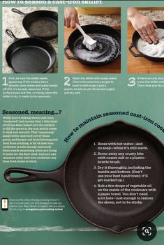 the instructions for how to make cast iron skillets are shown in this poster,