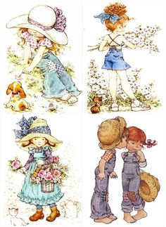 four different pictures of children with hats and flowers in their hands, one is kissing the other