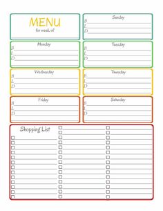 a printable meal planner with the words, menus and shopping list on it