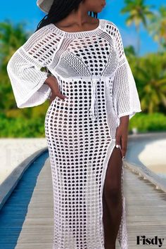 Fisdy - Elegante bañador casual negro de moda con elegante diseño ahuecado y transparente Casual Swimwear, Beach Dresses Casual, Sheer Swimsuit, Solid Color Jumpsuits, White Fashion Casual, Vintage Summer Dresses, Cover Beachwear, Long Sleeve Casual Dress, Lace Dress Long