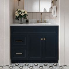 a bathroom with blue cabinets and white walls