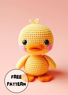 a crocheted yellow duck sitting on top of a pink background with the words free pattern below it