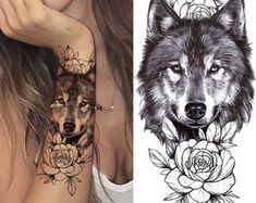 a woman with tattoos on her arm and the image of a wolf is in front of her