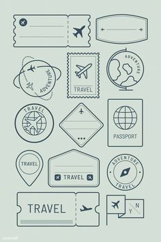 travel stamps and badges are shown in this illustration